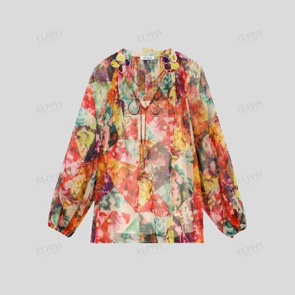 2025 s/s,border printed chiffon  petals V neck loose-style blouse