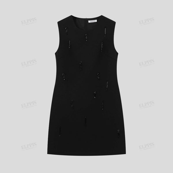 Black round neck beaded sleeveless fitted mid-length dress