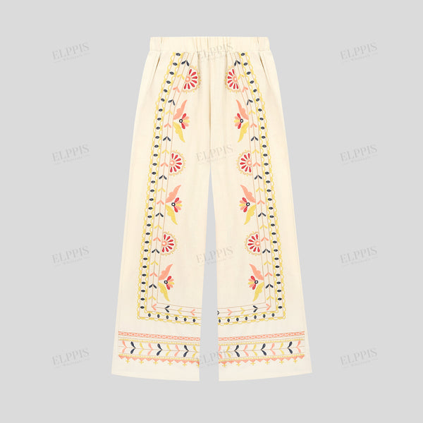 Embroidered cotton-linen wide-leg pants