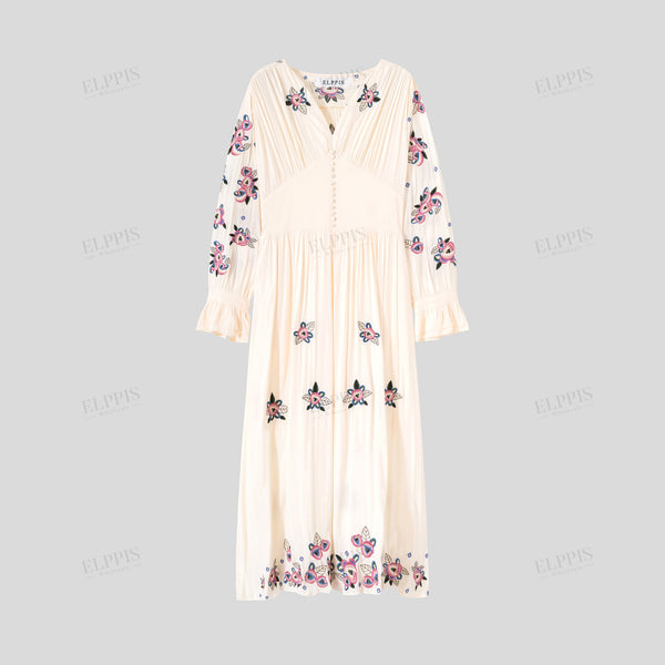 Embroidered rayon H-line long sleeve maxi dress