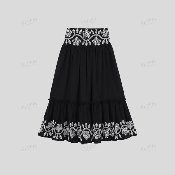 Black and white color-block positioned embroidered gathered waist long skirt