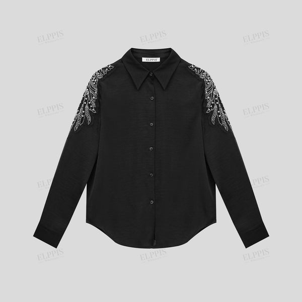 Beaded satin H-line long sleeve shirt