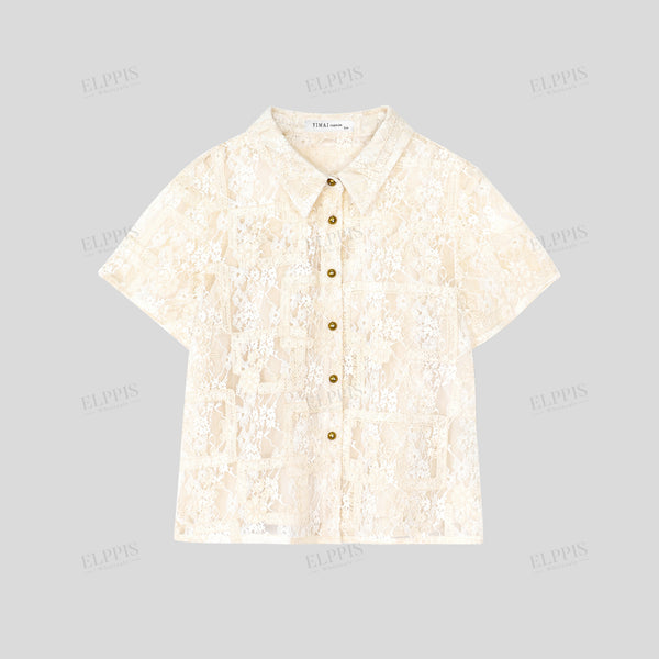 Geometric mesh embroidered straight-cut short-sleeve shirt