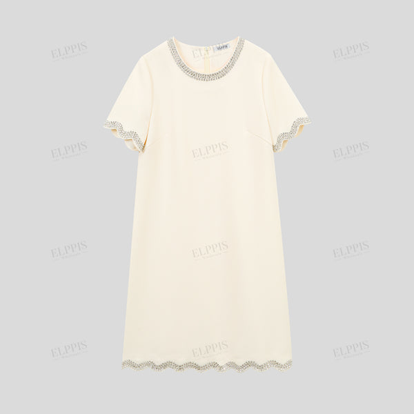 Rhinestone-embellished short sleeve round neck midi slightly A-line elegant dress