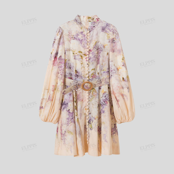 Stand collar X-shaped wide belt linen light purple printed dress