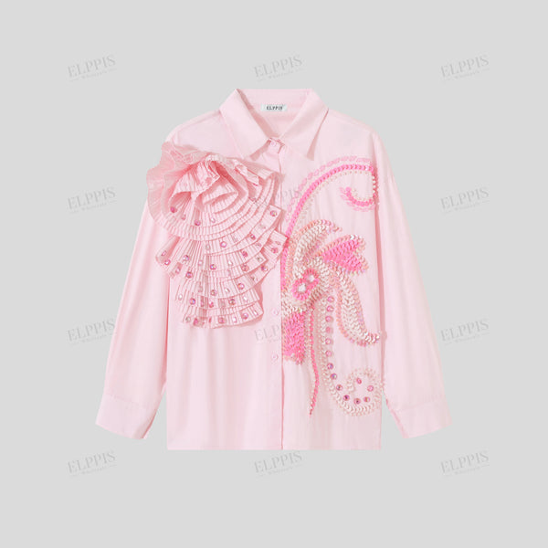 Beaded 3D floral straight H-line long sleeve shirt