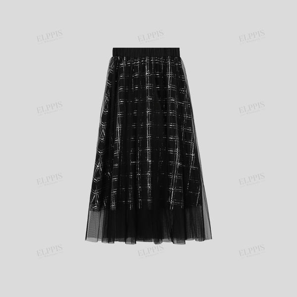 Grid sequin multi-layered mesh elastic waist maxi skirt