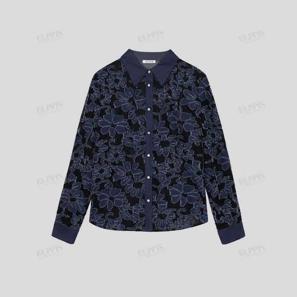 3D denim patchwork embroidered contrast fabric long-sleeve shirt