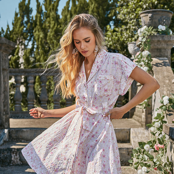 Blazer collar embroidered blush pink floral midi dress