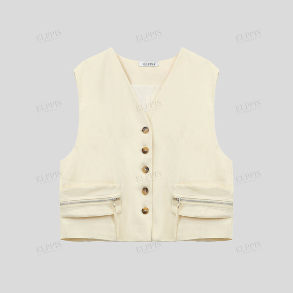 Utility pocket decorated button sleeveless cropped vest