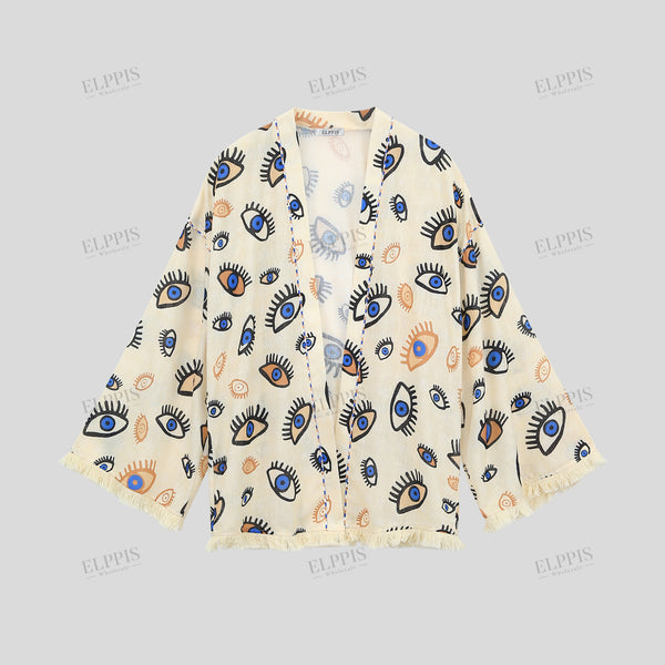 Printed color-block drop shoulder cardigan