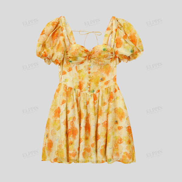 Shiny floral print puff sleeve short dress