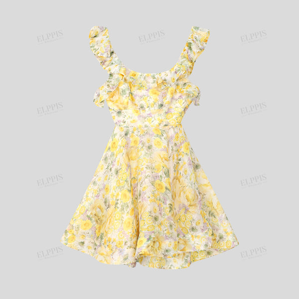 Yellow vacation romantic ruffle short dress