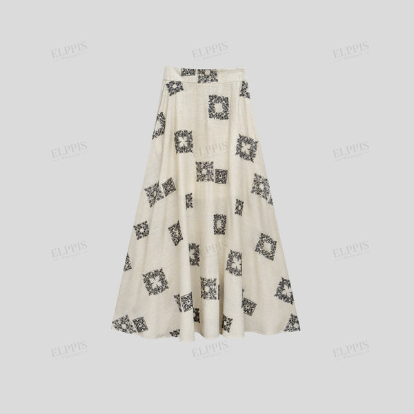 Cotton-linen color-blocked geometric embroidered A-line long skirt