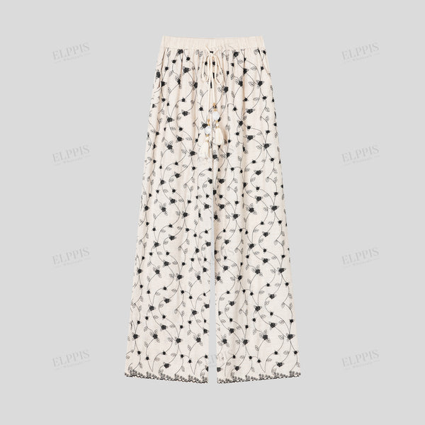 Embroidered Floral Print Tassel Wide-Leg Pants