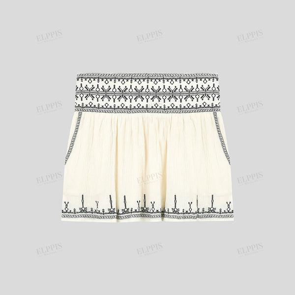 Color-block embroidered A-line cotton shorts