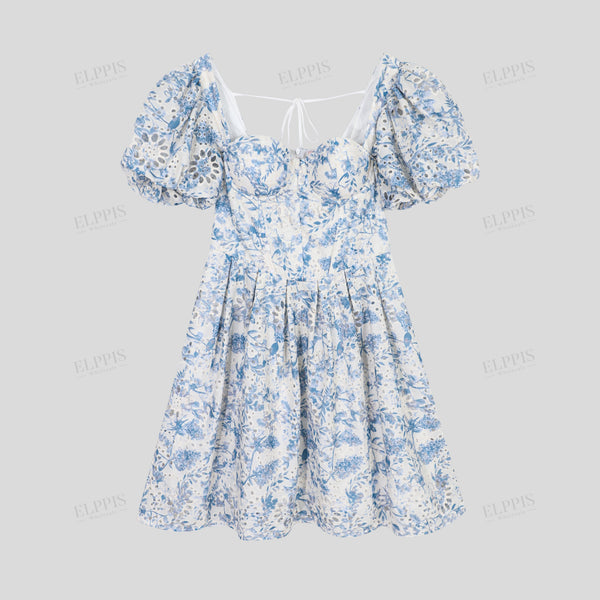 Floral cotton embroidered bustier A-line puff sleeve mini dress