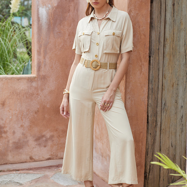 Decorative button A-line rayon short sleeve jumpsuit