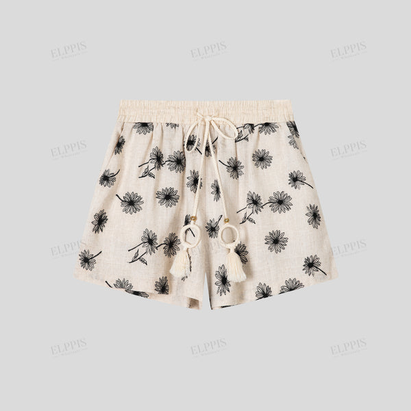 Positioned Floral Embroidered Tassel Shorts